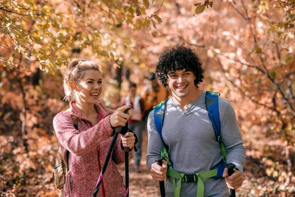 Randonneurs Explorant Forêt Automne Arbres Feuilles Tombées Tout Autour — Photo