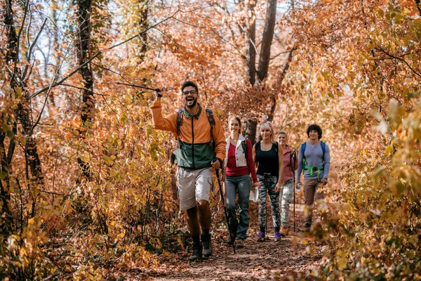 Man Showing Other Hikers Right Way While Walking Woods Autumn — Stock Photo, Image