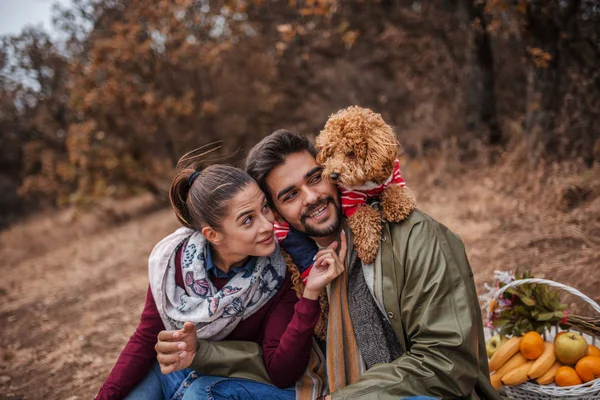 Pareja Picnic Sentado Manta Jugando Con Perro Tiempo Otoño —  Fotos de Stock