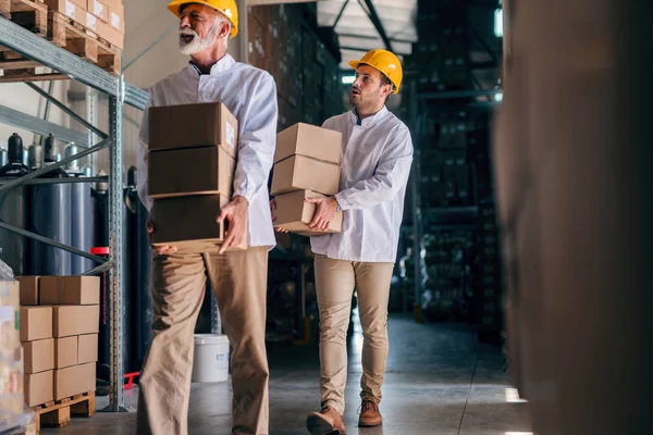 Compañeros Trabajo Llevando Cajas Con Cascos Las Cabezas Almacenamiento Interior — Foto de Stock