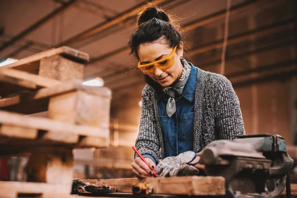 Female Carpenter Working Workshop Female Doing Male Work Concept — Stock Photo, Image