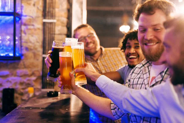 Young Happy Bearded Men Drinking Beer Pub Having Fun — Stock Photo, Image