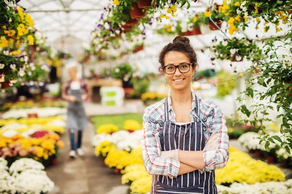 Vrouwelijke tuinman in kas — Stockfoto