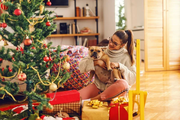 年轻的白种人妇女棕色头发抚摸她的狗 旁边是圣诞树和礼物 家居内饰 圣诞节假期概念 — 图库照片
