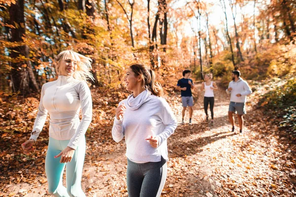 Pequeño Grupo Amigos Felices Corriendo Bosque Otoño — Foto de Stock