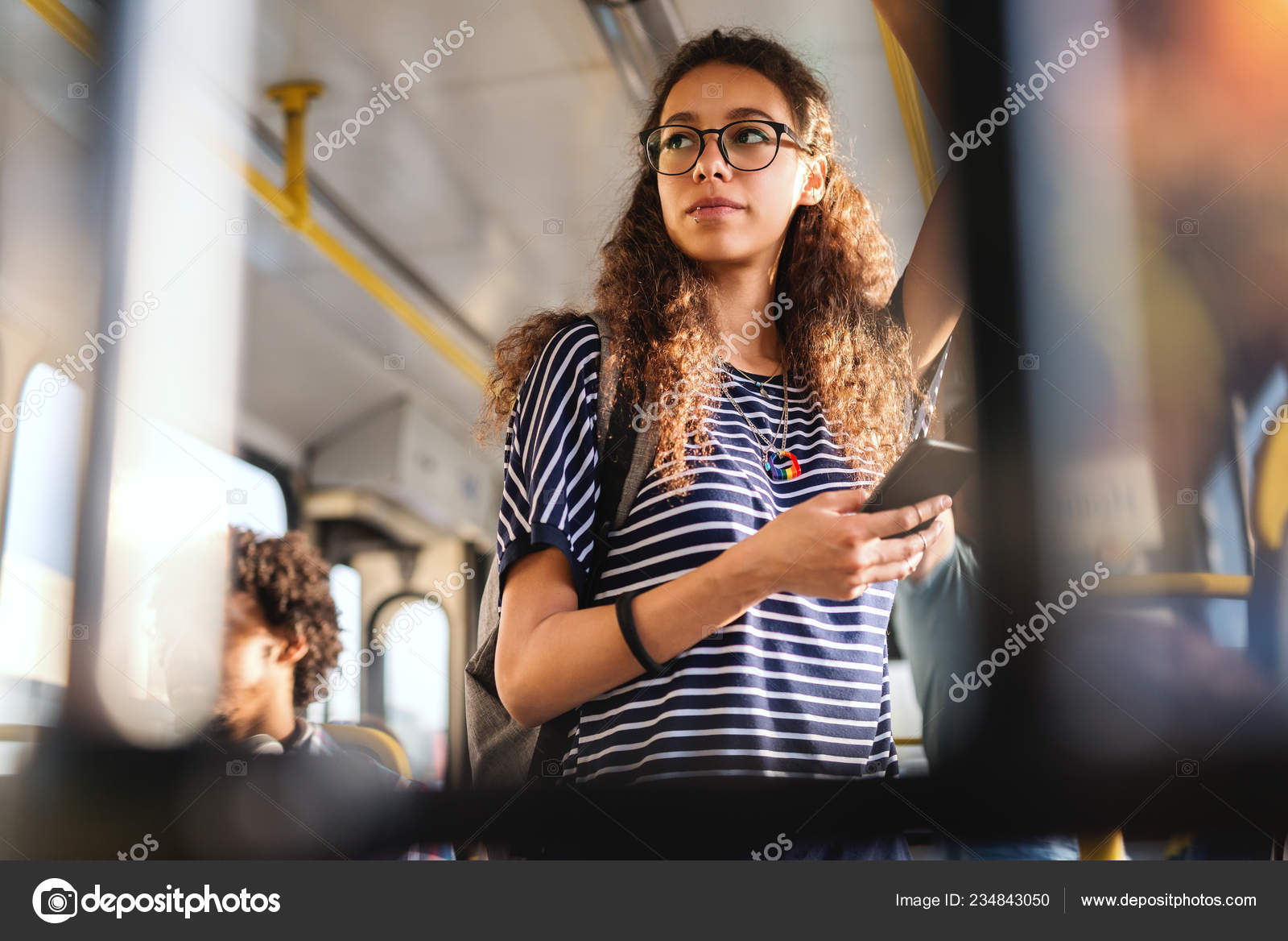 Beautiful Mixed Race Girl Long Curly Hair Using Smart Phone