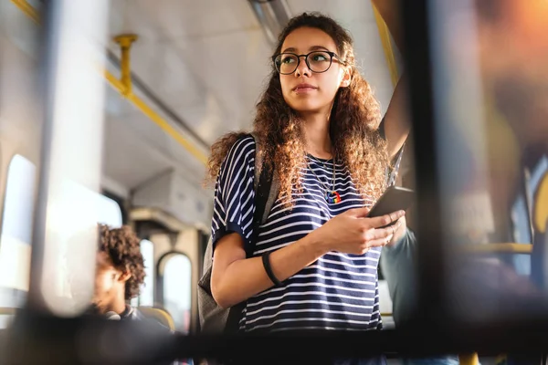 Beautiful Mixed Race Girl Long Curly Hair Using Smart Phone — Stock Photo, Image