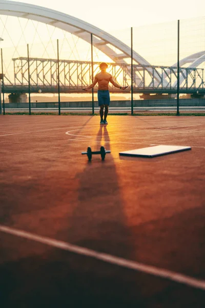 Silhouette Shirtless Man Skipping Rope Court Morning — Stock Photo, Image