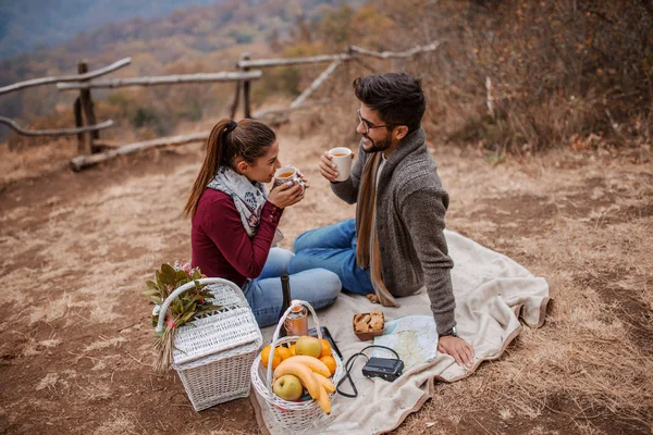 Pareja Picnic Sentado Bebiendo Nido Ellos Cesta Frutas Cesta Picnic —  Fotos de Stock