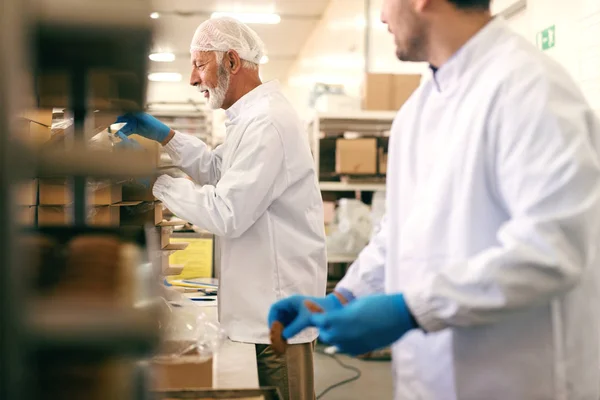Два Коллеги Упаковывают Печенье Коробки Стоя Пищевой Фабрике — стоковое фото