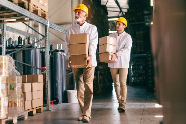 Dois Trabalhadores Armazenamento Desgaste Trabalho Transportando Caixas Pesadas — Fotografia de Stock