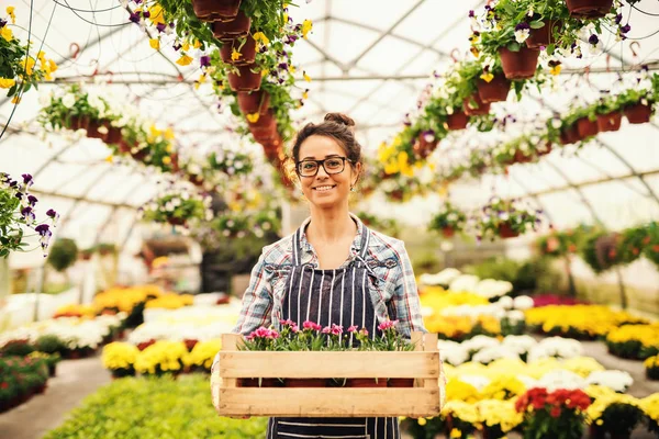 Leende Glada Kaukasiska Kvinnliga Florist Arbetare Håller Crate Blommor När — Stockfoto