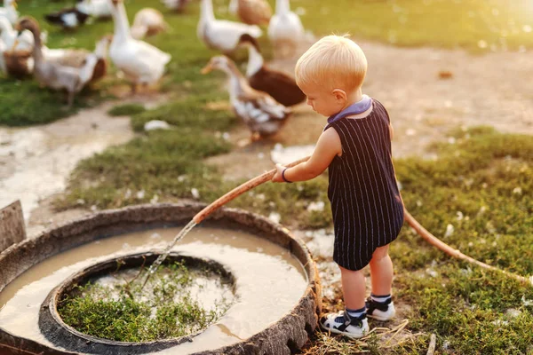 Batole Hrát Hadicí Pozadí Kachen Slepic Venkov Exteriér — Stock fotografie