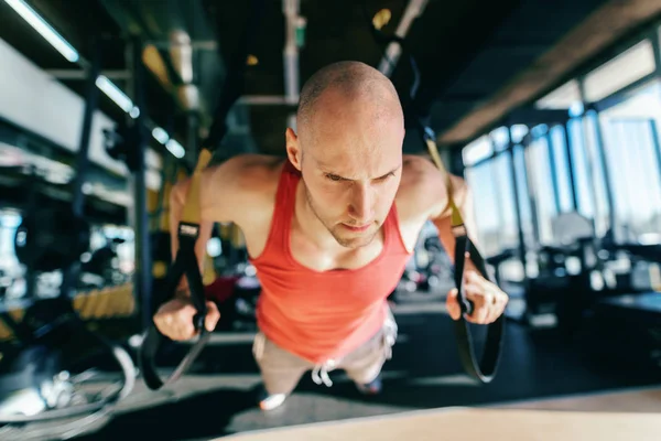 Primer Plano Del Hombre Calvo Caucásico Ropa Deportiva Haciendo Flexiones —  Fotos de Stock