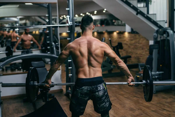 Jovem Forte Muscular Shirtless Homem Levantando Barbells Com Costas Virou — Fotografia de Stock