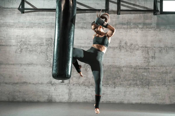 Caucasian Woman Sportswear Boxing Gloves Kicking Bag Gym Full Length — Stock Photo, Image