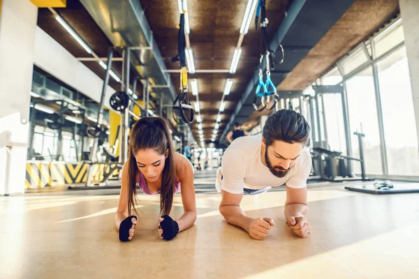 Engagiertes Sportliches Paar Beim Planken Fitnessstudio Innenraum — Stockfoto