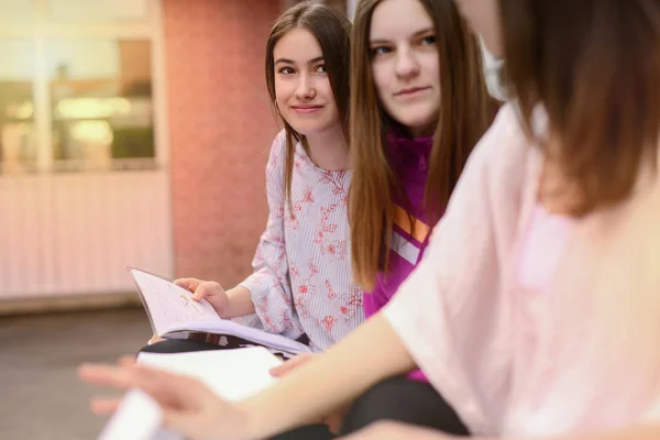 Imagen Niñas Del Árbol Escuela Joven Sentadas Patio Trasero Escuela — Foto de Stock