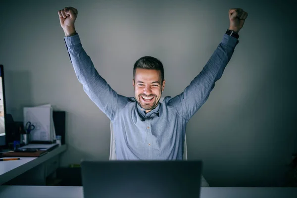 Excited Businessman Feeling Happy Successful Project Man Holding Hands Air — Stock fotografie