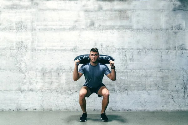 Caucasian Bodybuilder Serious Facial Expression Working Out Bulgarian Training Bag — Stock Photo, Image