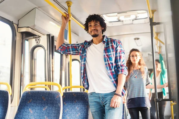 Smiling African American Guy Standing Bus — Stock Photo, Image