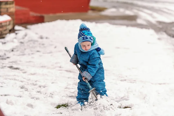 Cute Little Boy Dressed Blue Winter Clothing Playing Hay Fork — Stock Photo, Image