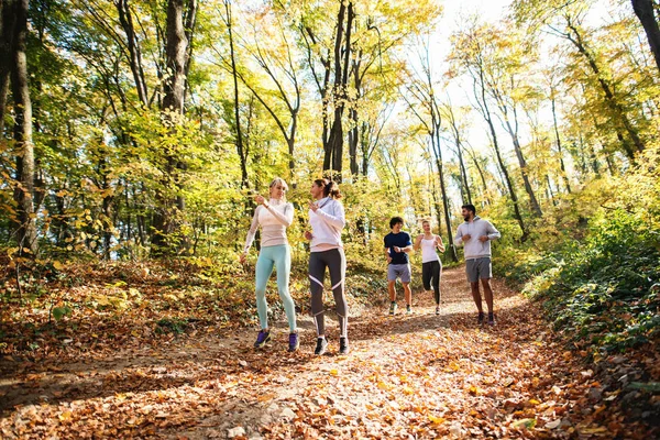Pequeño Grupo Amigos Felices Corriendo Bosque Otoño — Foto de Stock