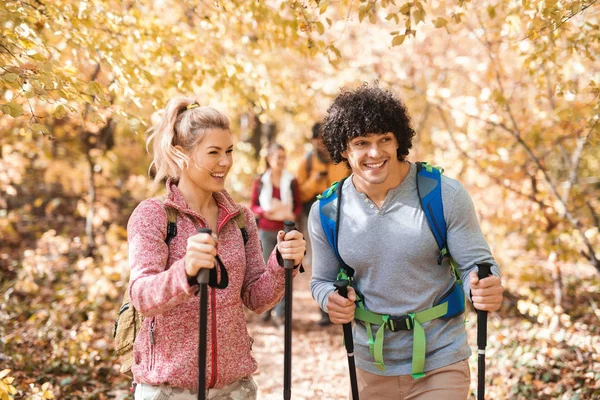 Pequeno Grupo Feliz Caminhantes Explorando Floresta Outono Primeiro Plano Casal — Fotografia de Stock