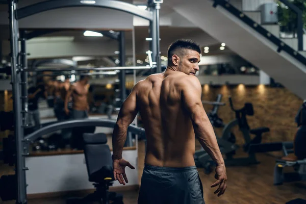 Kaukasiska Muskulös Bar Överkropp Man Poserar Gymmet Ryggar Vände — Stockfoto