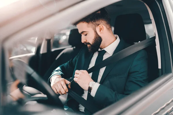 Homem Negócios Barbudo Desgaste Formal Fixando Cinto Segurança Seu Carro — Fotografia de Stock