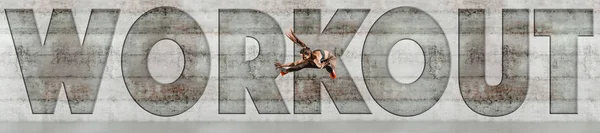 スポーティなブルネットでは スポーツウェアと高いジャンプ ポニーテールを服を着せた 背景の灰色の壁 画像の上の大文字トレーニング — ストック写真