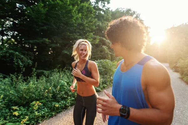 Cute Sporty Couple Running Nature Sunny Summer Day Selective Focus — Stock Photo, Image