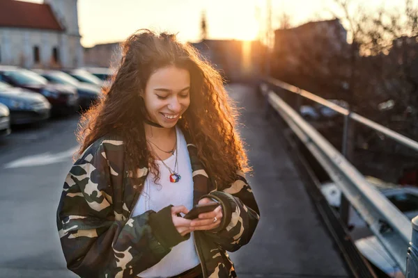 Beautiful Smiling Mixed Race Teenage Girl Military Jacket Standing Outdoors — Stock Photo, Image