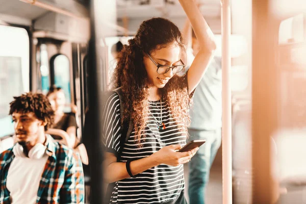 Beautiful Mixed Race Girl Long Curly Hair Using Smart Phone — Stock Photo, Image