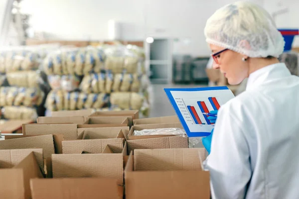 女性雇员穿着无菌制服 手里拿着图表 在盒装产品中计数 食品厂内部 — 图库照片