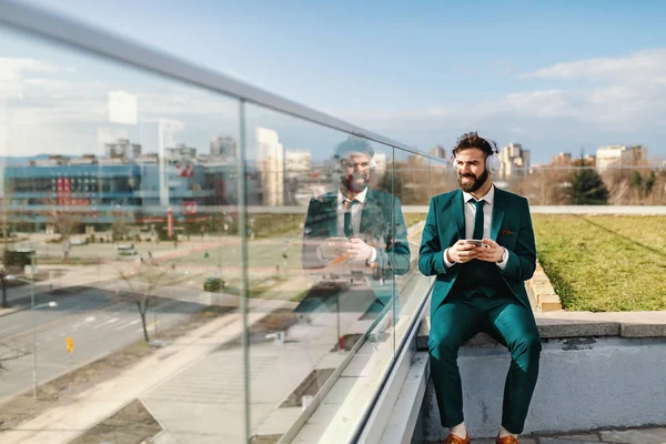 Full Length Successful Businessman Formal Wear Having Headphones Ears Using — Stock Photo, Image