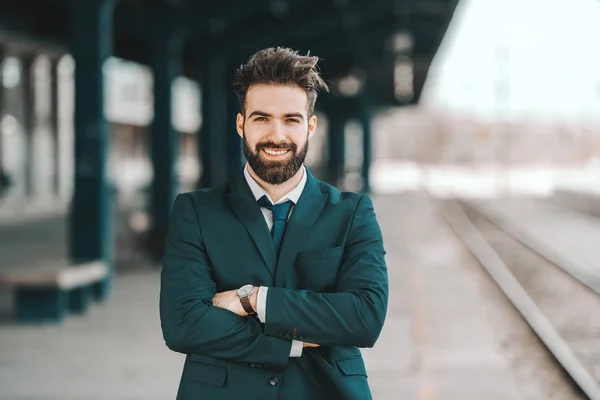 Portrait Smile Caucasian Bearded Entrepreneur Formal Wear Standing Train Station — Stok Foto