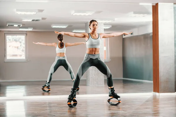 Young Caucasian Fit Sporty Woman Sportswear Doing Fitness Exercises Kangoo — Stock Photo, Image