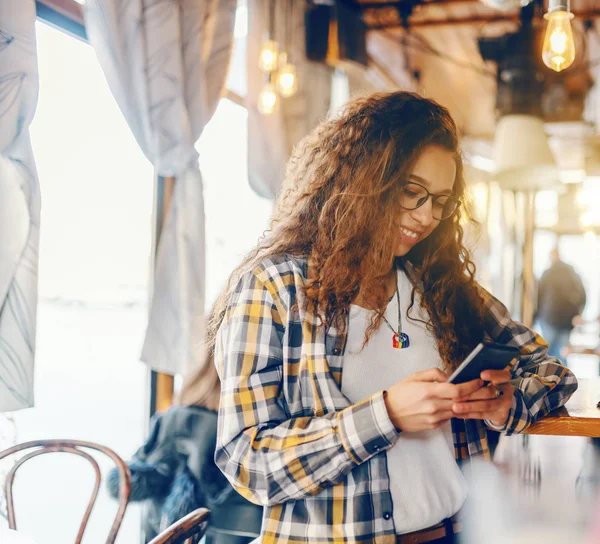 Cute Mixed Race Girl Curly Hair Standing Cafeteria Using Smart — Stock Photo, Image