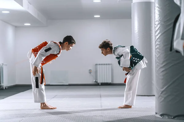 Dos Chicos Caucásicos Accesorios Taekwondo Inclinándose Unos Otros Después Del — Foto de Stock