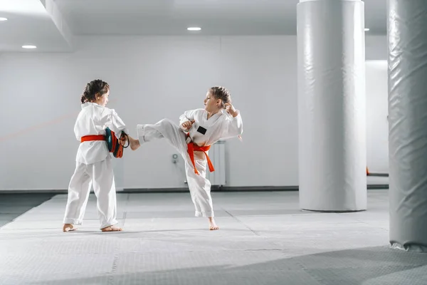 Twee Jonge Blanke Meisjes Doboks Die Taekwondo Training Volgen Sportschool — Stockfoto