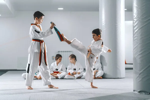 Two Young Caucasian Boys Doboks Having Taekwondo Training Gym One — 스톡 사진