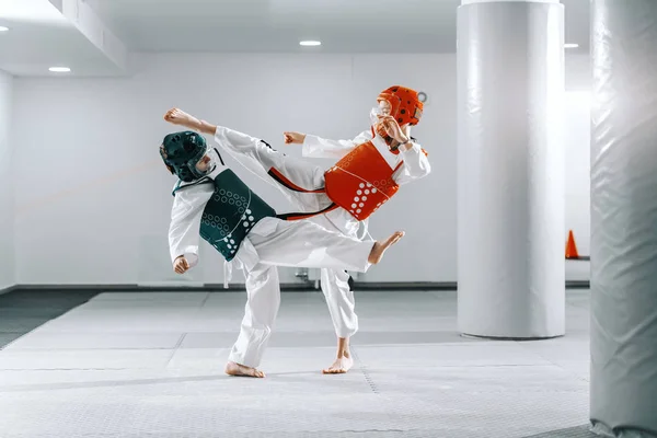 Deportivo Caucásico Chicos Teniendo Taekwondo Entrenamiento Blanco Gimnasio Patadas Entre — Foto de Stock