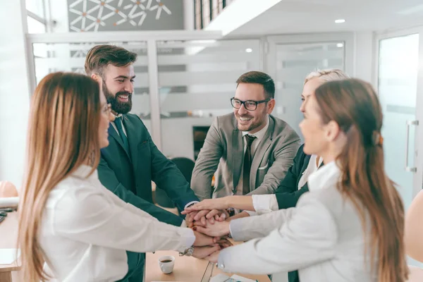 Group Successful Business People Formal Wear Standing Stacking Hands Board — Stock Photo, Image