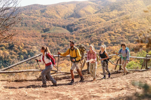 Groupe Randonneurs Marchant Rang Explorant Nature Heure Automne — Photo