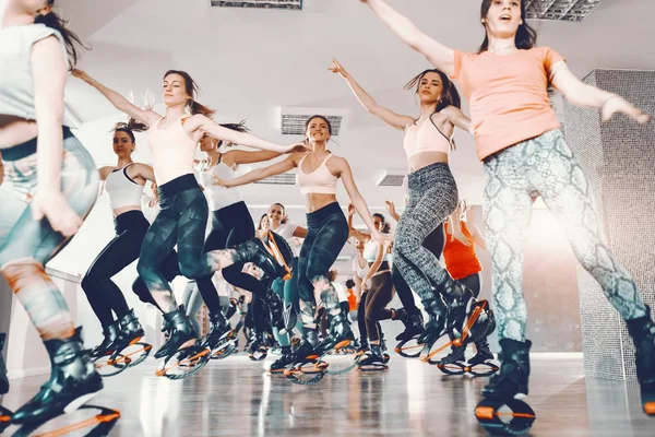 Group Cheerful Sporty Women Wearing Kangoo Jumps Boots Jumping Gym — Stock Photo, Image