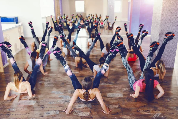 Group Cheerful Women Healthy Habits Doing Exercises Floor Gym Interior — Stock Photo, Image