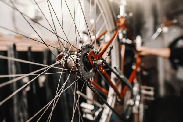 Nahaufnahme Von Zahnrädern Auf Fahrrädern Innenausstattung Fahrradwerkstatt — Stockfoto
