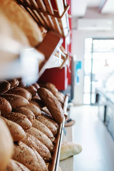 Fresh Baked Rolls Shelve Ready Eat Bakehouse Interior — Stock Photo, Image