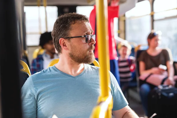 Close Caucasian Man Eyeglasses Looking Away While Sitting City Bus — Stock Photo, Image